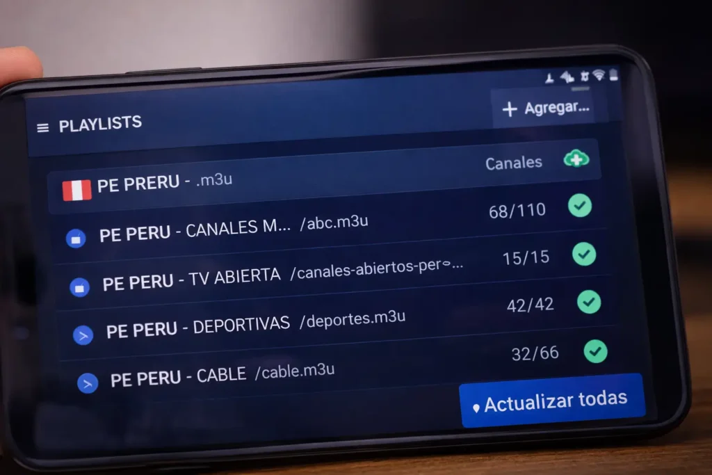 Listas M3U para IPTV en Perú cargadas en una aplicación IPTV